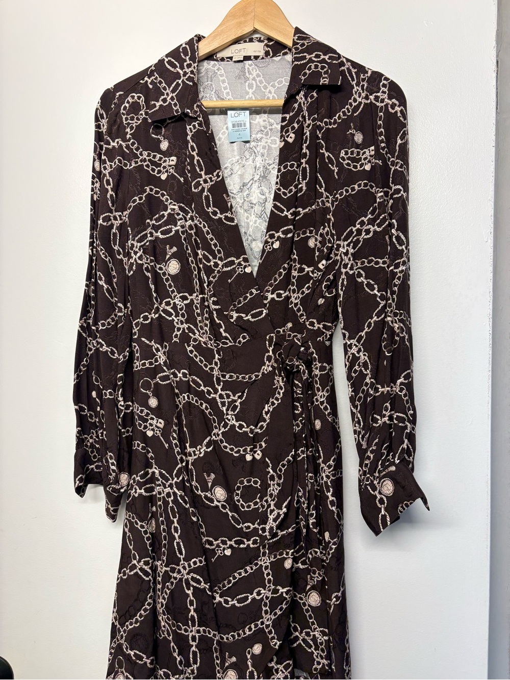 LOFT Brown and Cream Chain-Print Long Sleeve Wrap Dress